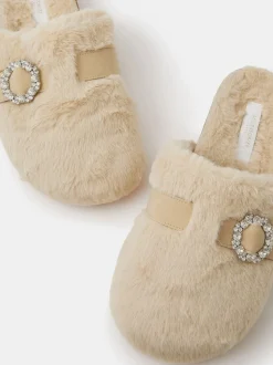 Accessorize Sparkle Buckle Faux Fur Slippers