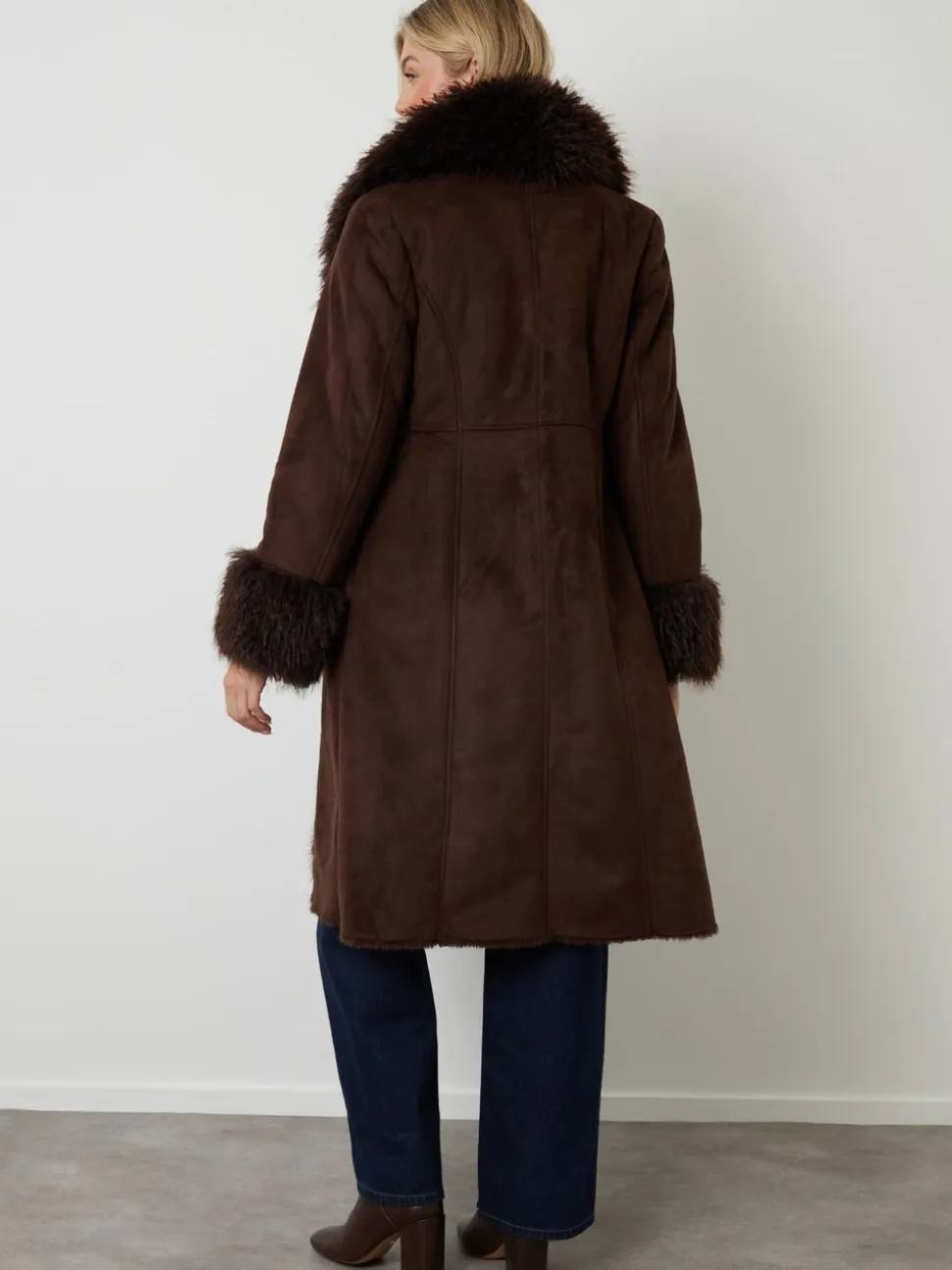 Another Sunday Faux Suede Fur Trim Coat