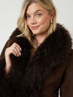 Another Sunday Faux Suede Fur Trim Coat