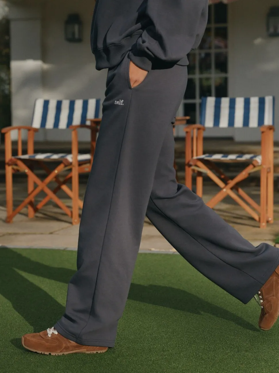 Antraciet - self. joggingbroek met wijde pijpen