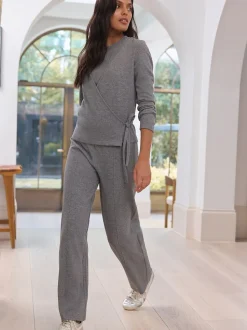 Antraciet - Superzachte Cosy Rib Gebreide Broek met Wijde Pijpen