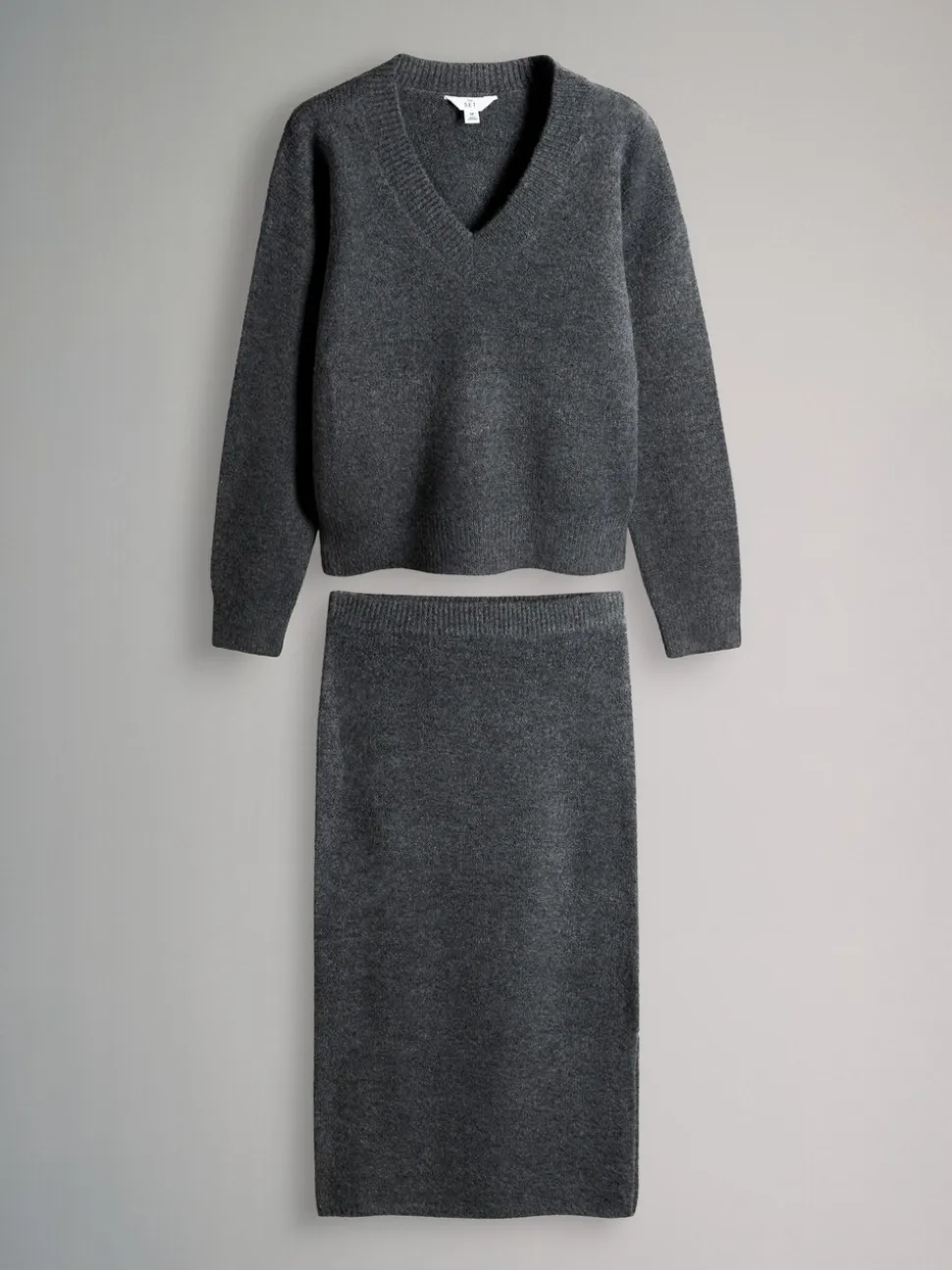 Antraciet - The Set Knitted Crew Neck Jumper and Skirt Co-Ord