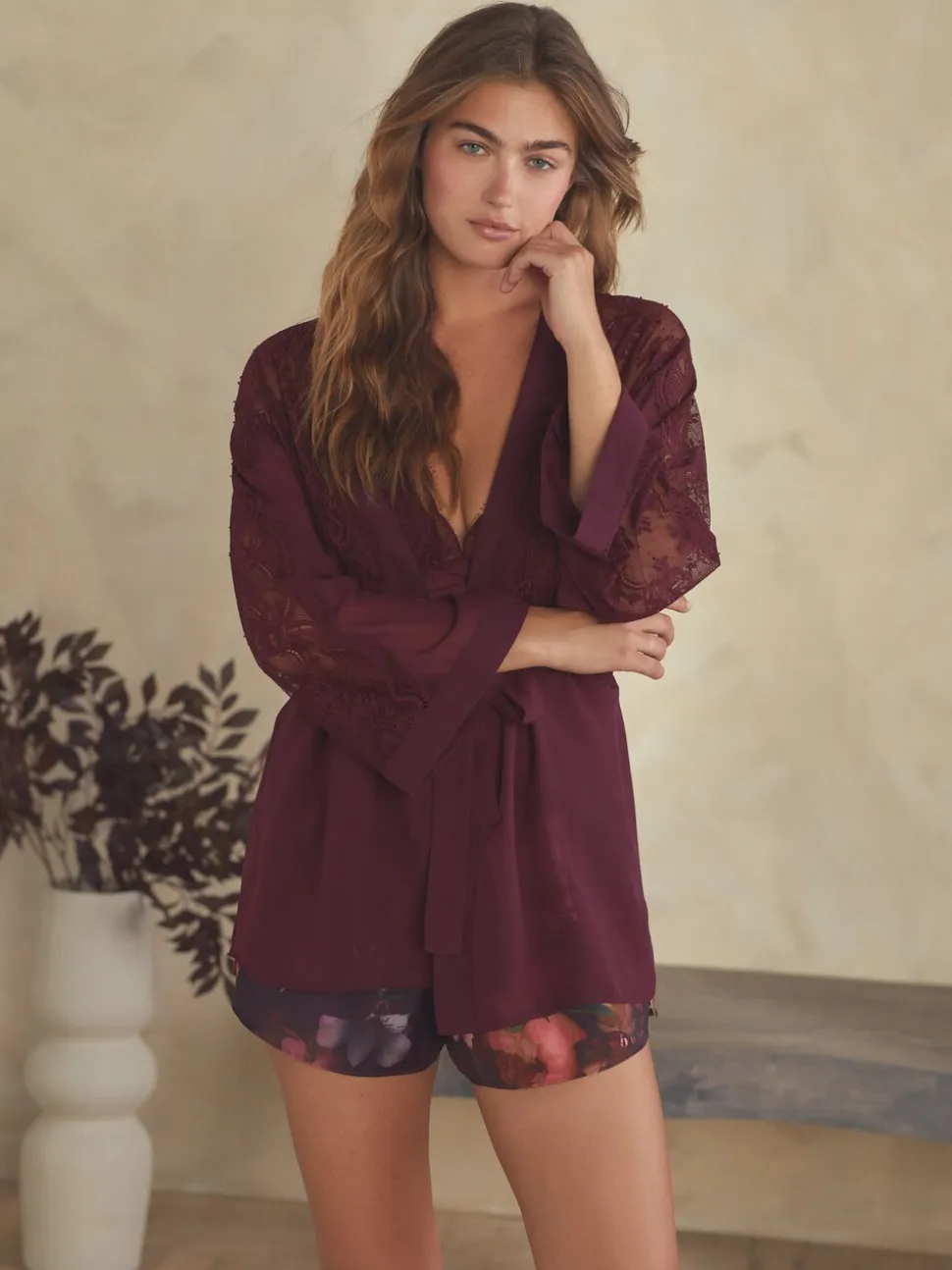 B By Ted Baker Burgundy Lace Chiffon Robe
