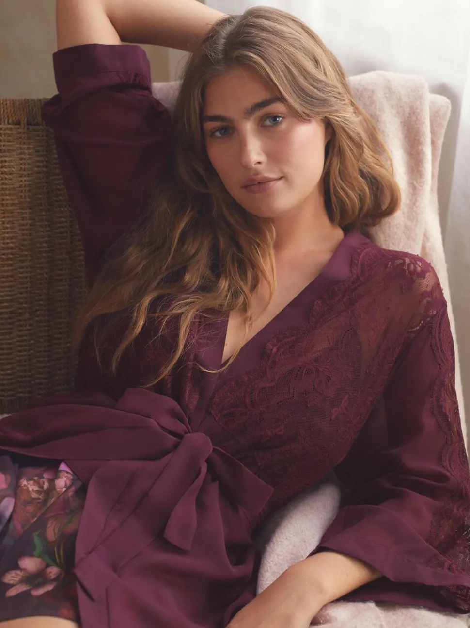 B By Ted Baker Burgundy Lace Chiffon Robe