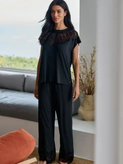 B by Ted Baker Modal Lace Trim Black Pyjamas Set