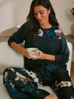 B by Ted Baker Teal Blue Floral Satin Jersey Pyjamas