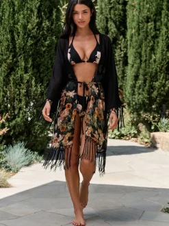 B by Ted Baker Viscose Tassel Kimono Black Koi Floral Cover-Up