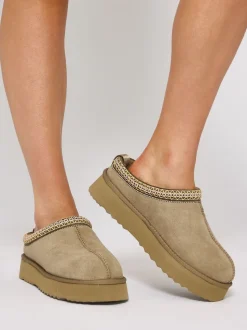 Beige - Loungeable Platform Real Sheepskin Lined Braided Mules