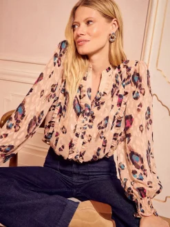 Beige Animal - Love & Roses blouse met lange mouwen en inkeping