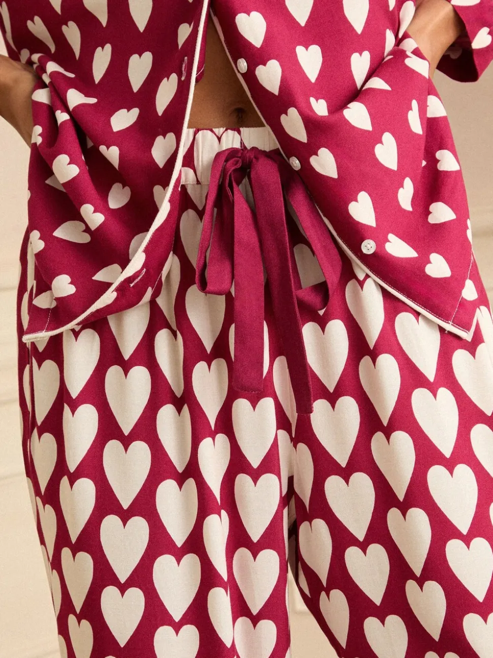 Berry Red and Ivory Heart Print - Love & Roses Button Down Pyjamas Set