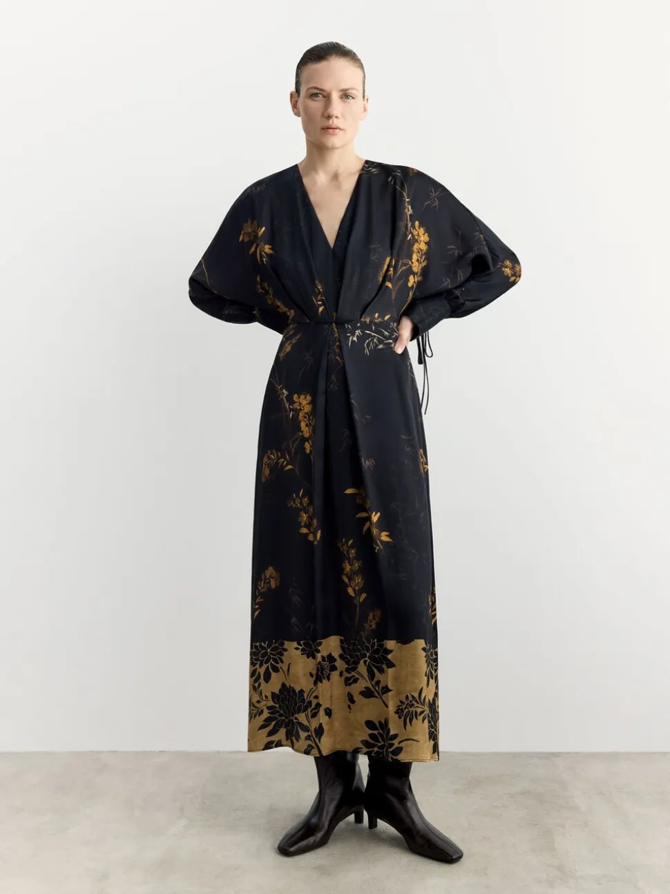 BHOEM Satin Floral Print Kimono Midi Black Dress