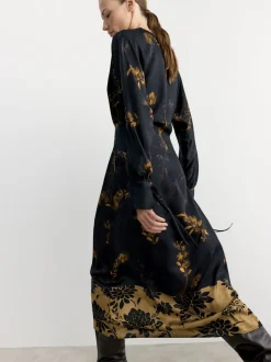 BHOEM Satin Floral Print Kimono Midi Black Dress