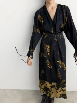 BHOEM Satin Floral Print Kimono Midi Black Dress