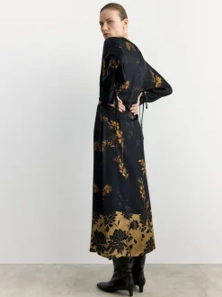 BHOEM Satin Floral Print Kimono Midi Black Dress