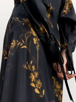 BHOEM Satin Floral Print Kimono Midi Black Dress