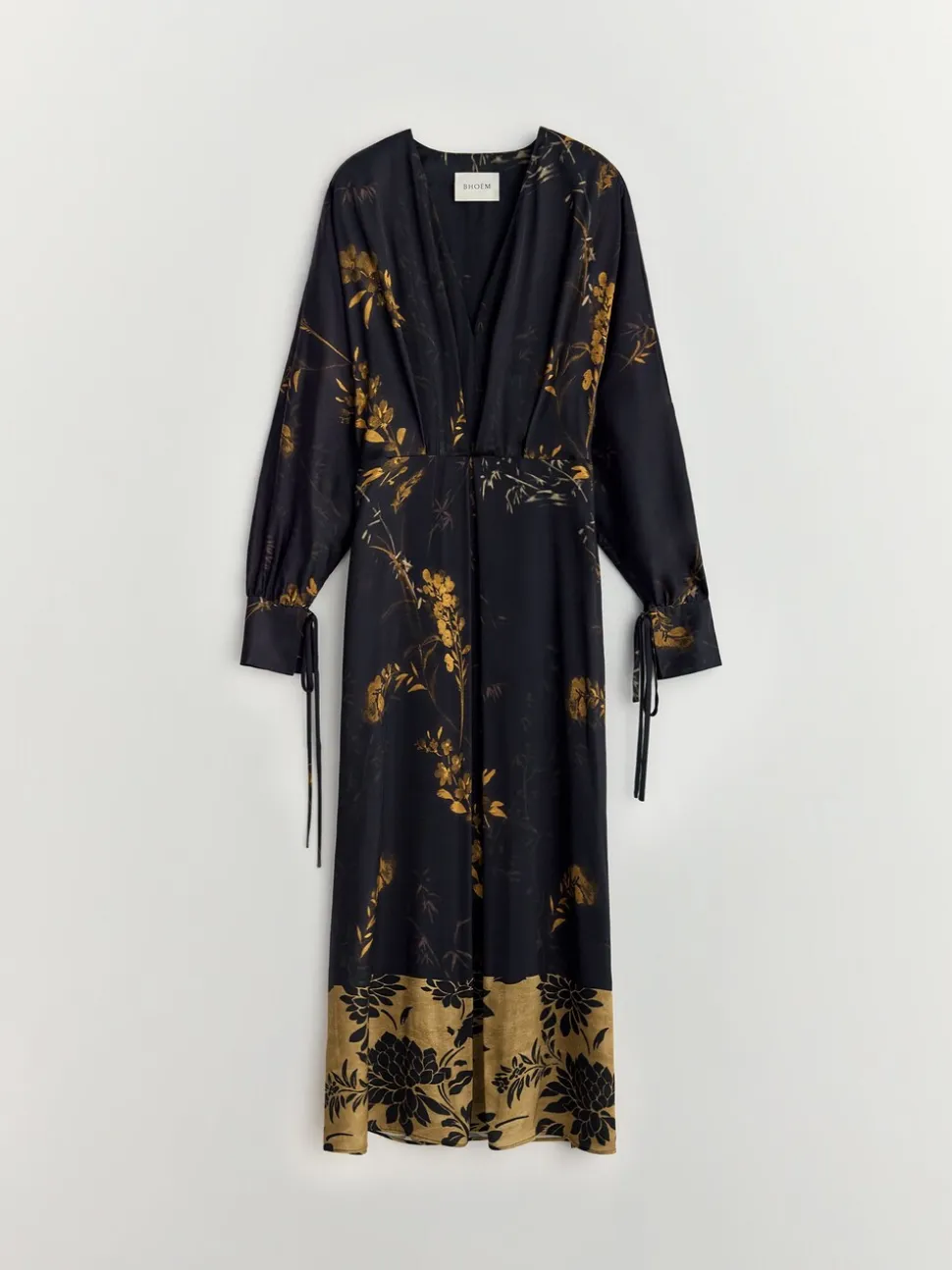BHOEM Satin Floral Print Kimono Midi Black Dress