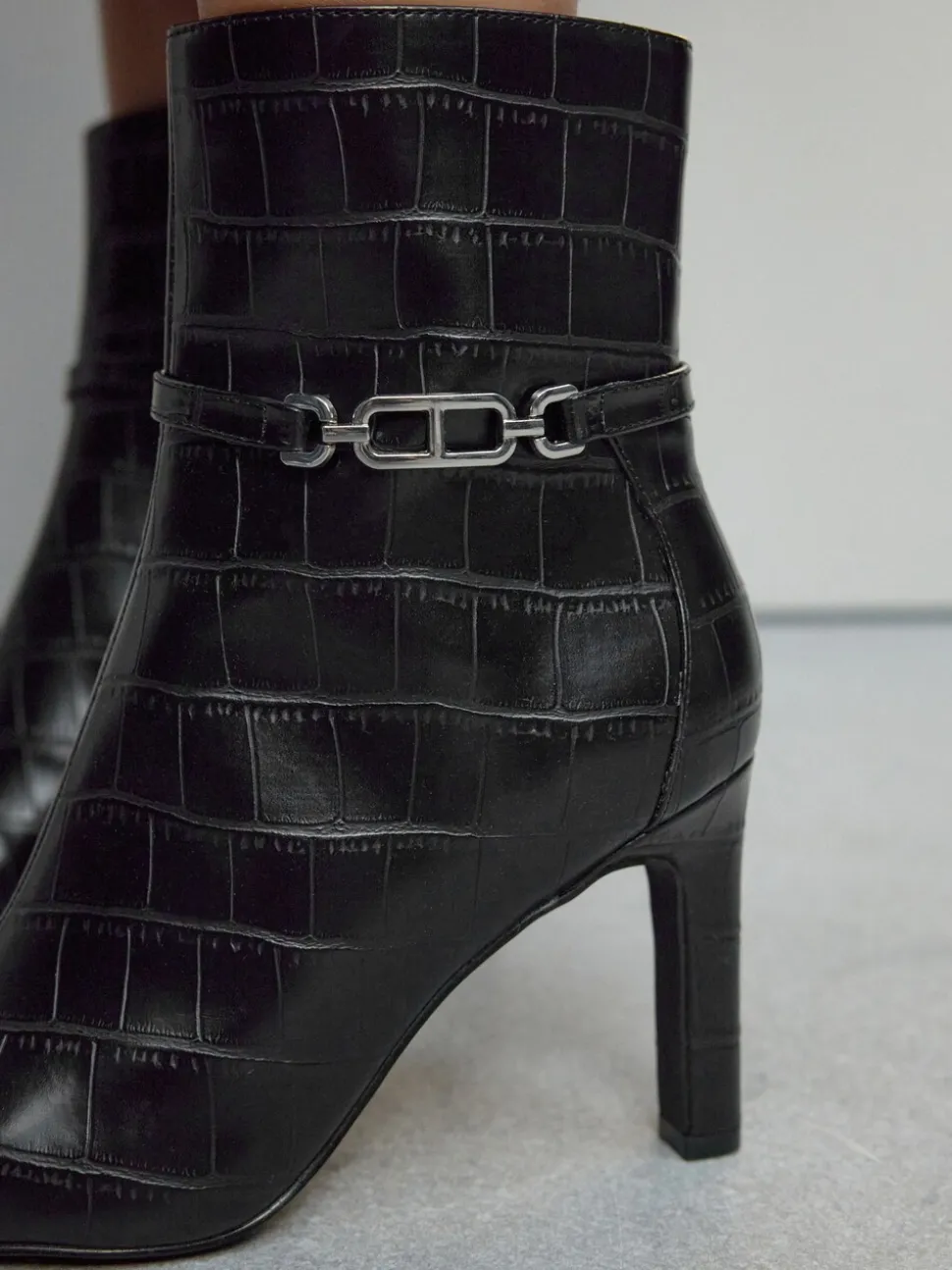 Black Croc Embossed - Forever Comfort® Hardware Trim Heeled Ankle Boots
