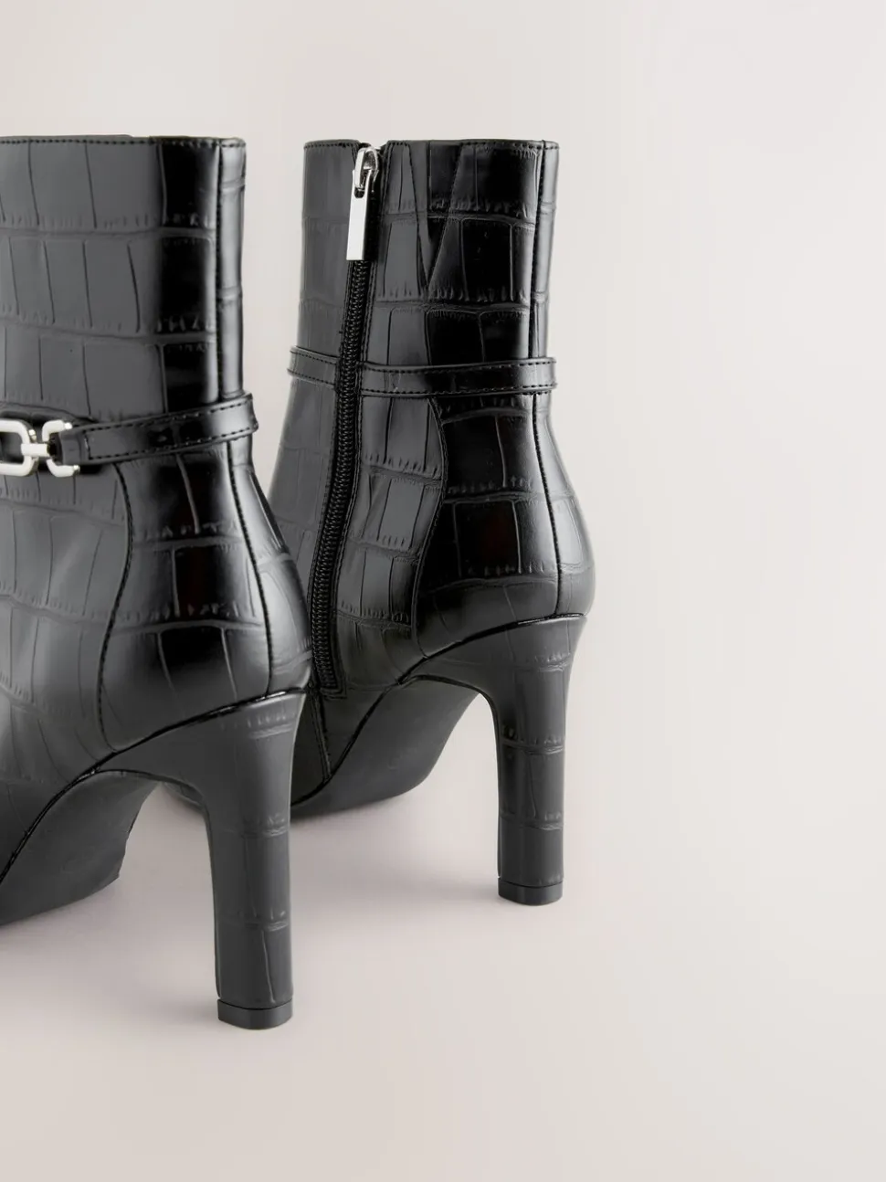 Black Croc Embossed - Forever Comfort® Hardware Trim Heeled Ankle Boots