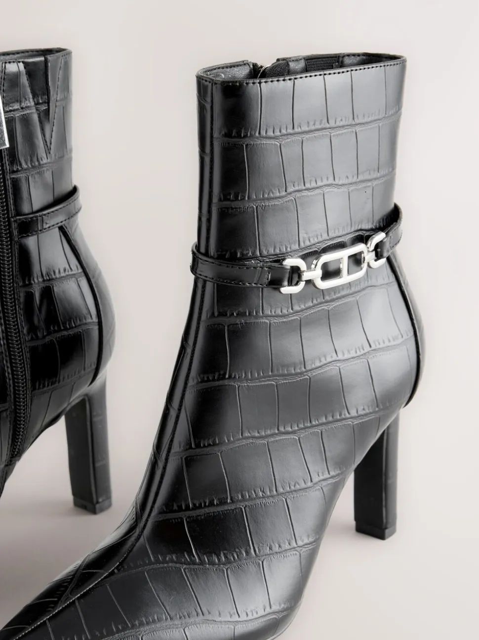 Black Croc Embossed - Forever Comfort® Hardware Trim Heeled Ankle Boots