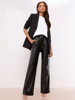 Black Croc Faux Leather - Lipsy Pintuck Tailored Wide Leg Trousers