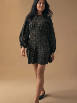 Black Croissant Print - Mini Long Sleeve A-Line Seam Detail Dress