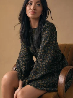 Black Croissant Print - Mini Long Sleeve A-Line Seam Detail Dress