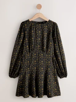 Black Croissant Print - Mini Long Sleeve A-Line Seam Detail Dress