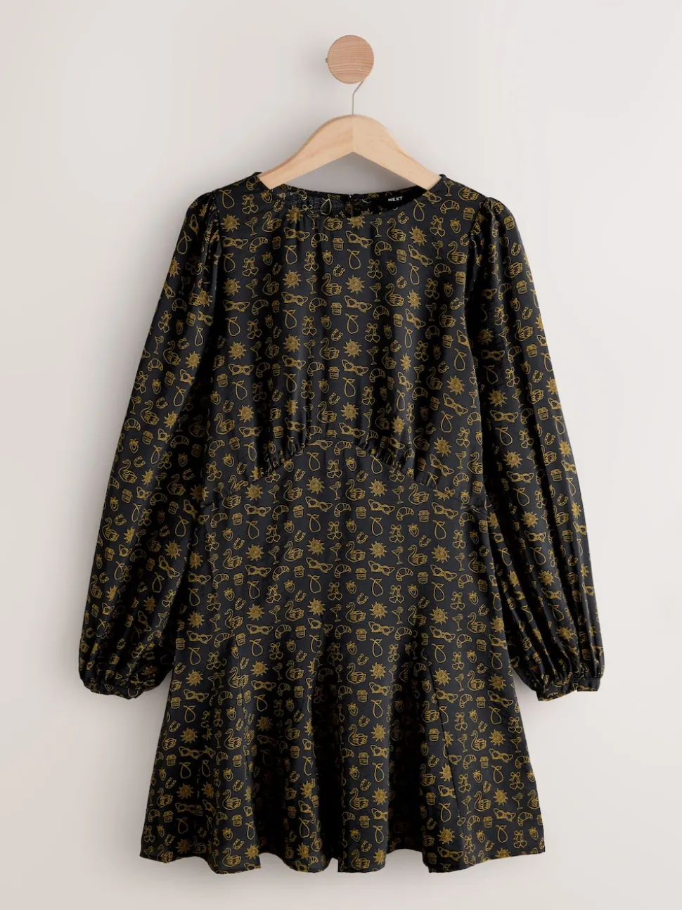Black Croissant Print - Mini Long Sleeve A-Line Seam Detail Dress