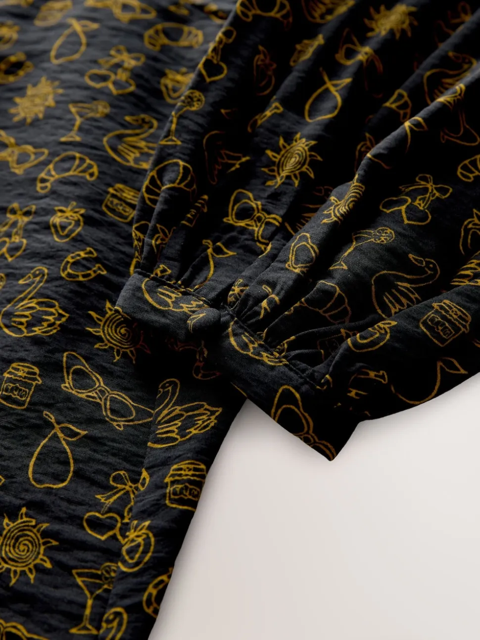 Black Croissant Print - Mini Long Sleeve A-Line Seam Detail Dress