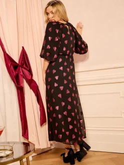 Black Heart Metallic - Love & Roses midi-jurk met V-hals en pofmouwen