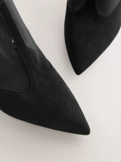 Black Mesh Detail - Pointed Toe T-Bar Ankle Boots