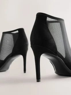 Black Mesh Detail - Pointed Toe T-Bar Ankle Boots