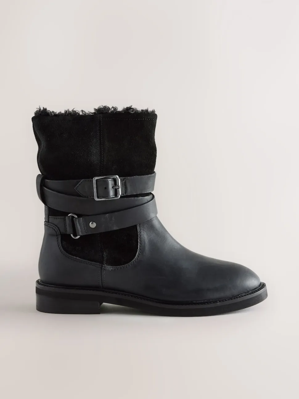 Black Oiled Leather - Forever Comfort® Borg Lined Buckle Trim Ankle Boots