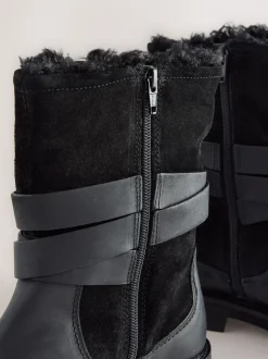 Black Oiled Leather - Forever Comfort® Borg Lined Buckle Trim Ankle Boots