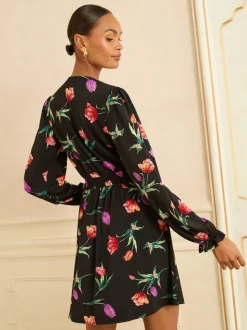 Black Tulip Print - Love & Roses V-Neck Mini Dress