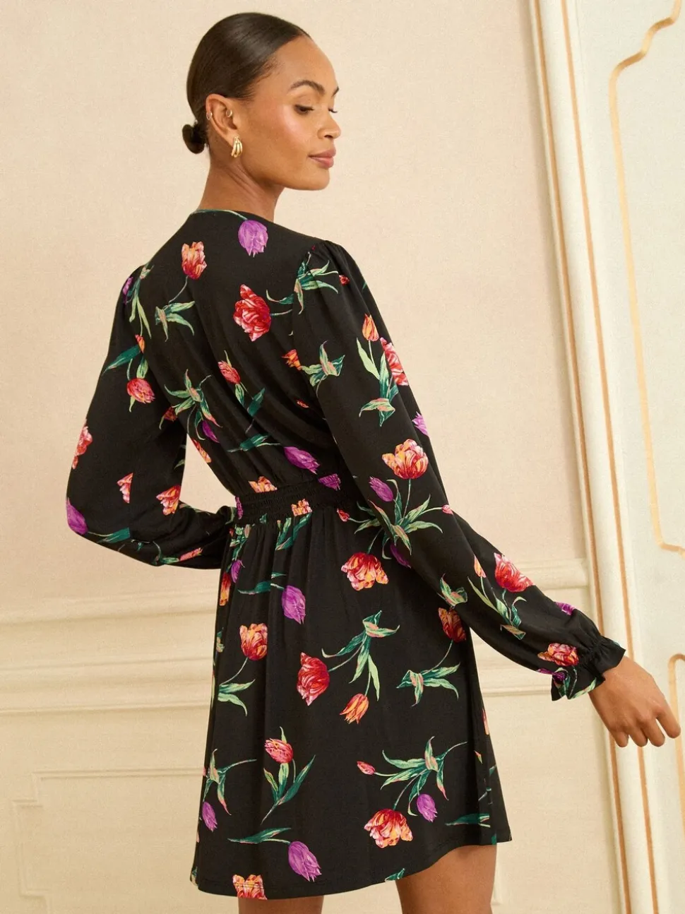 Black Tulip Print - Love & Roses V-Neck Mini Dress