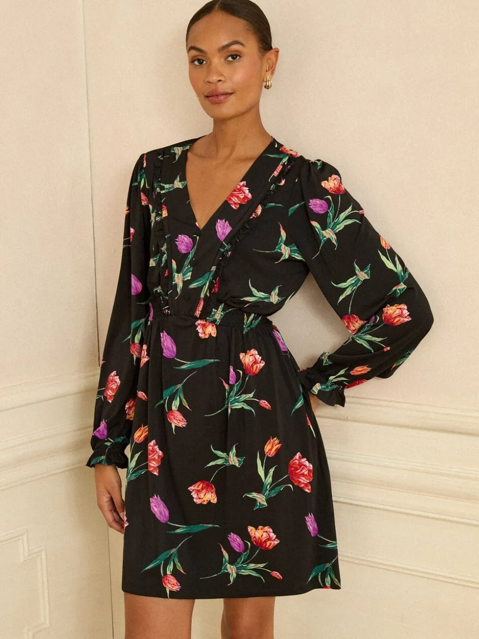 Black Tulip Print - Love & Roses V-Neck Mini Dress