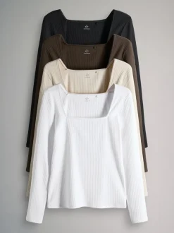 Black/Chocolate Brown/Cream/White - The Set 4 Pack Trim Square Neck Ribbed Tops