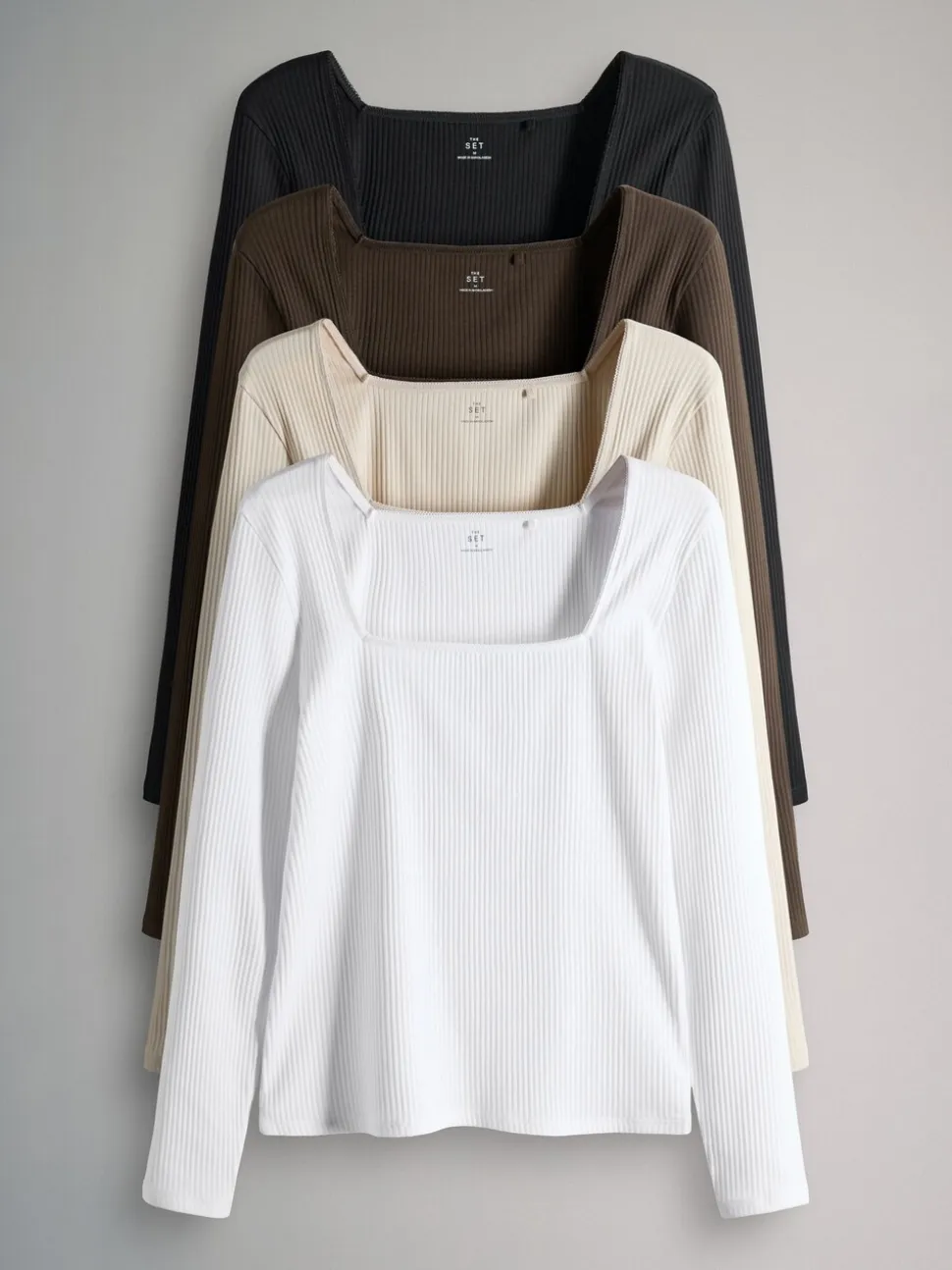 Black/Chocolate Brown/Cream/White - The Set 4 Pack Trim Square Neck Ribbed Tops