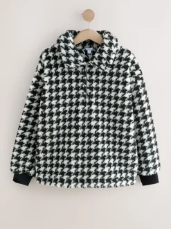 Black/White Houndstooth Check - Jacquard Teddy Borg Quarter Zip Fleece Sweatshirt