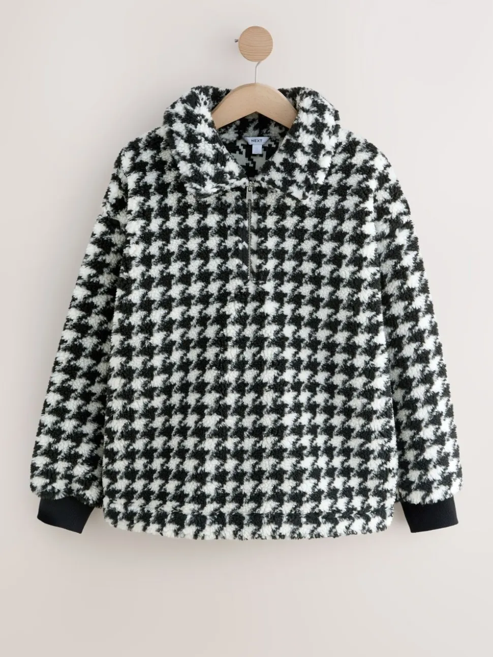 Black/White Houndstooth Check - Jacquard Teddy Borg Quarter Zip Fleece Sweatshirt