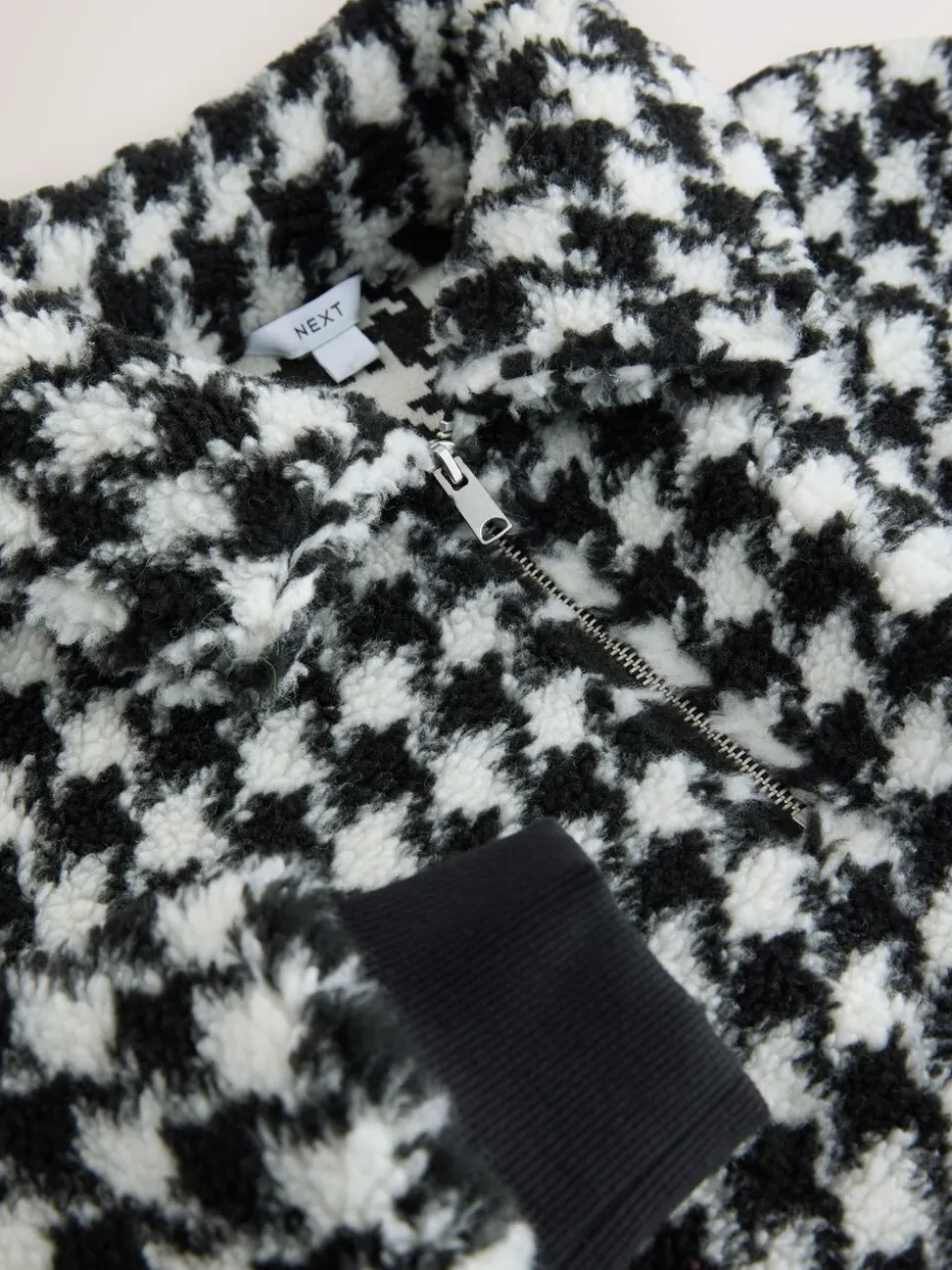 Black/White Houndstooth Check - Jacquard Teddy Borg Quarter Zip Fleece Sweatshirt