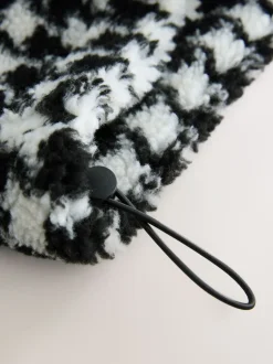 Black/White Houndstooth Check - Jacquard Teddy Borg Quarter Zip Fleece Sweatshirt