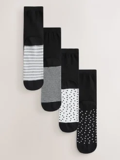 Black/White Spots/Stripe - Set van 4 paar enkelsokken