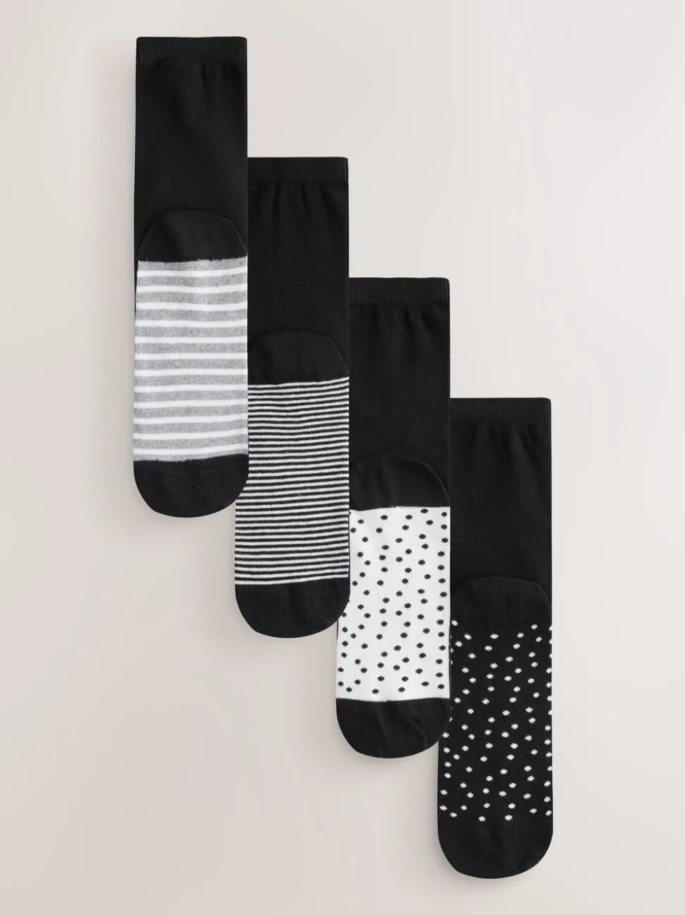Black/White Spots/Stripe - Set van 4 paar enkelsokken