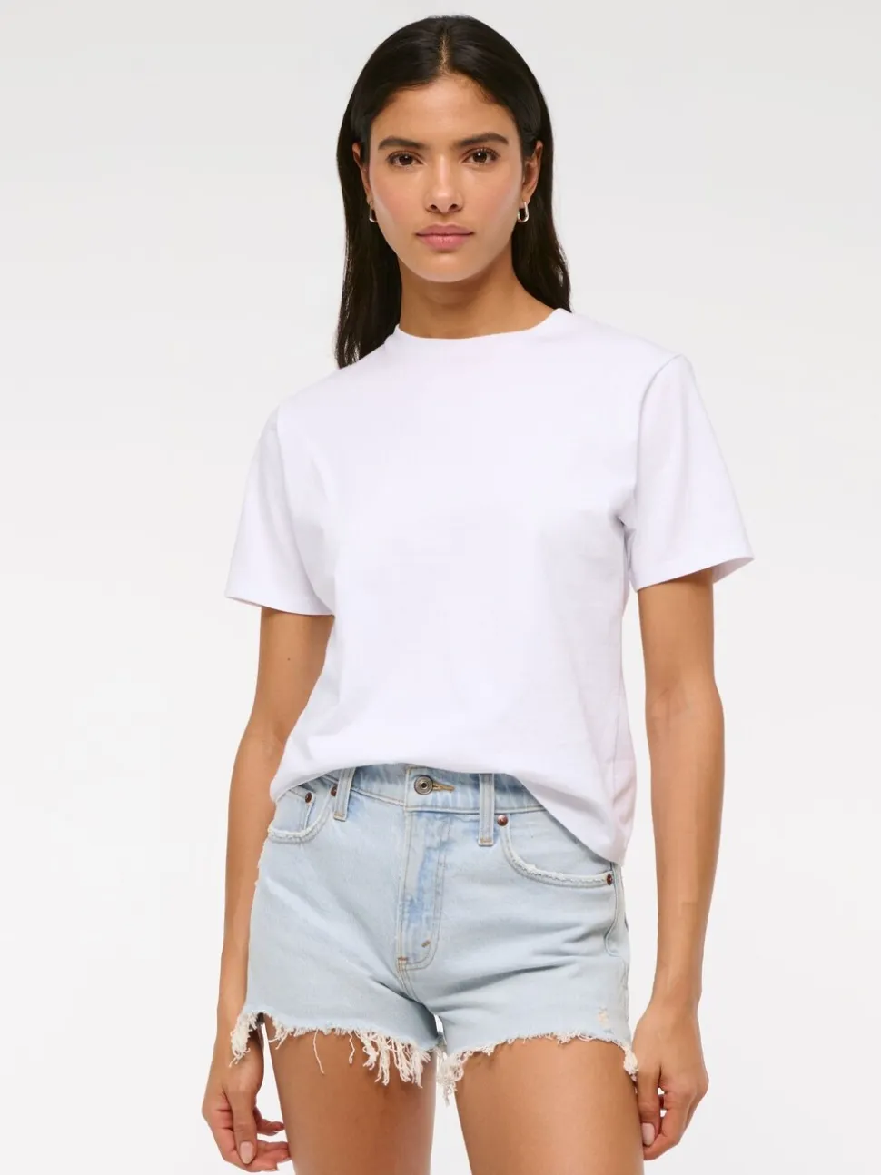 Blauw - Abercrombie & Fitch - Hoge taille mom denim shorts met slijtage-effect