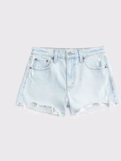 Blauw - Abercrombie & Fitch - Hoge taille mom denim shorts met slijtage-effect