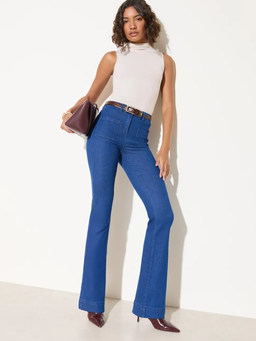 Blauw - Friends Like These jeans met zakken, hoge taille en uitlopende pijpen
