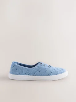 Blauw - Geborduurde veterloze canvas instapsneakers