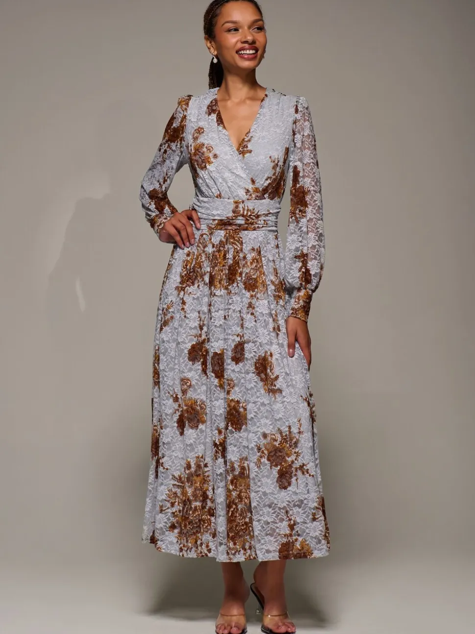 Blauw - Jolie Moi Long Sleeve Printed Lace Midaxi Dress